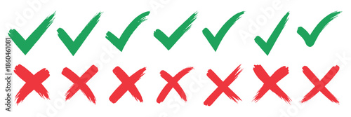 Check tick mark icon set. Cross box x check mark checkbox list vector draw hand drawn sketch doodle brush marker checklist symbol wrong right circle. hand drawn, grunge X sign. hand drawn tick mark.
