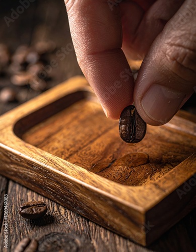 Close Up Macro Of A Hand Holding A Single Roasted Coffee Bean Over A Wooden Tray With Coffee Grounds And Beans On A Rustic Table In Warm Dramatic Lighting
