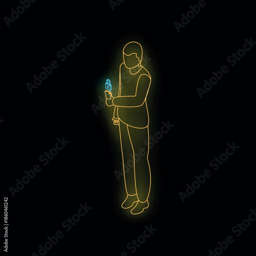 Neon illustration of businessman using smartphone with lock, representing mobile security and data protection