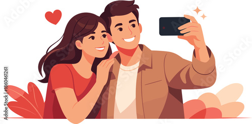 Couple Selfie Moment. Clean modern illustration of a couple capturing a shared photo with a phone, modern flat vector illustration