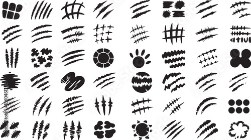 Collection of various black grunge textures and abstract shapes on white background