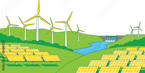 Sustainable renewable energy landscape with wind turbines solar panels and hydroelectric dam for green electricity production and eco friendly environment concept.