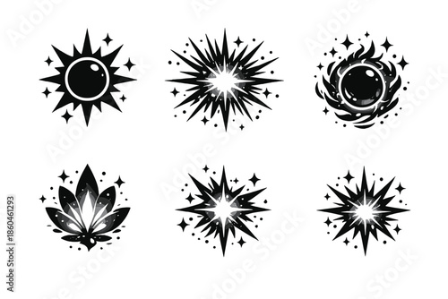 Radiant Energy Icons. Solid style icons of radiant creation: sunspark, lightburst, energy orb, glowing petal, flare beam, bright
