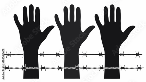 Silhouetted hands reaching out from behind barbed wire fence