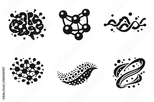 Interconnected Intelligence Icons. Solid style icons of interconnected intelligence: neural flow, linked dots, wave signal,