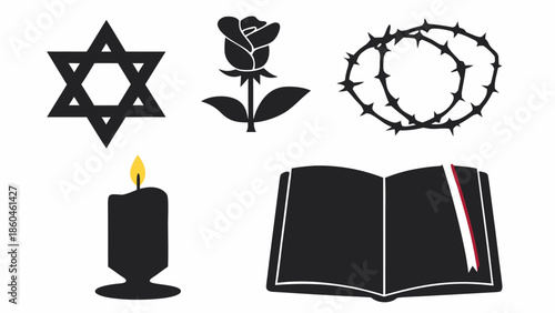 Religious symbols and objects in black