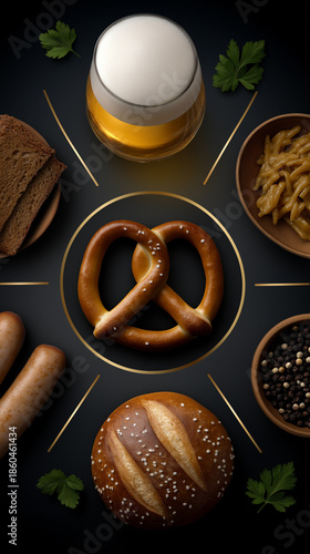 Festive German fare featuring a salty pretzel, beer, bread, pasta, sausages, and peppercorns arranged on a black background.