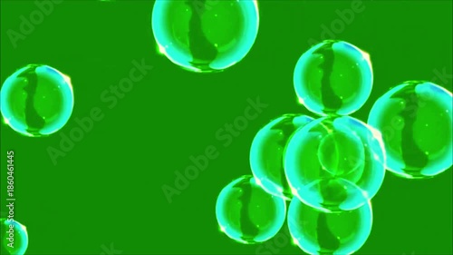 Soap bubbles floating animation | transparent shiny bubble effect with soft motion isolated on green screen background

