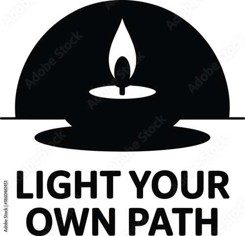 Black and white oil lamp vector with flame and rising sun background symbolizing self-guidance and personal direction