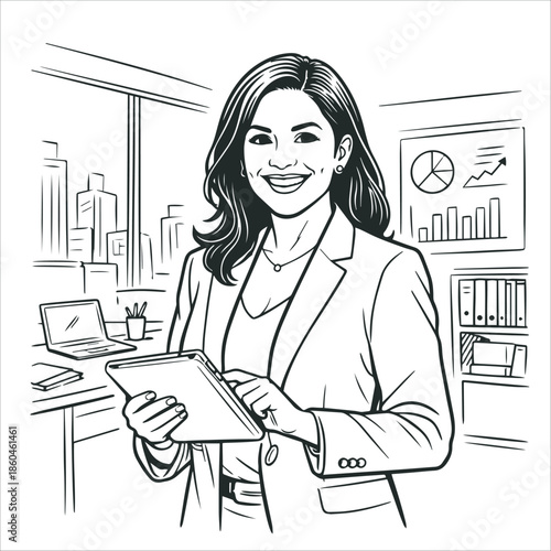 Smiling Businesswoman Using Tablet in Modern Office