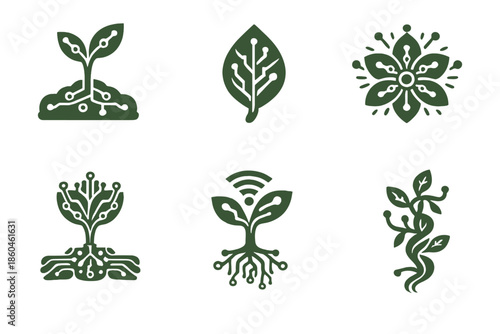 Algorithmic Garden Icons. Solid style icons of Algorithmic Garden: data sprout, cyber leaf, radiant petal, circuit bloom, signal