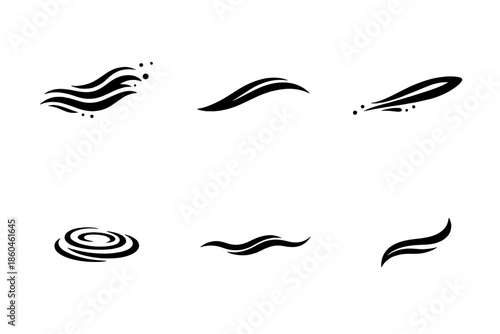 Minimal Flow Icons. Solid style icons of Minimal Flow: mist trail, smooth arc, subtle beam, quiet ripple, floating line, soft