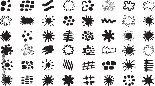 Collection of various black ink splatters and abstract shapes on white background