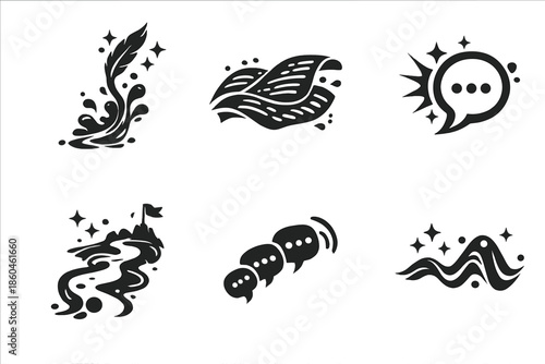 Narrative Motion Icons. Solid style icons of Narrative Motion: ink stream, word wave, vocal flare, story path, echo chain, rhythm
