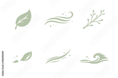 Whispered Nature Icons. Solid style icons of Whispered Nature: light leaf, breeze curve, faint branch, drifting petal, soft trace,