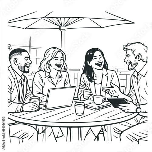 Team Collaboration and Laughter at an Outdoor Meeting