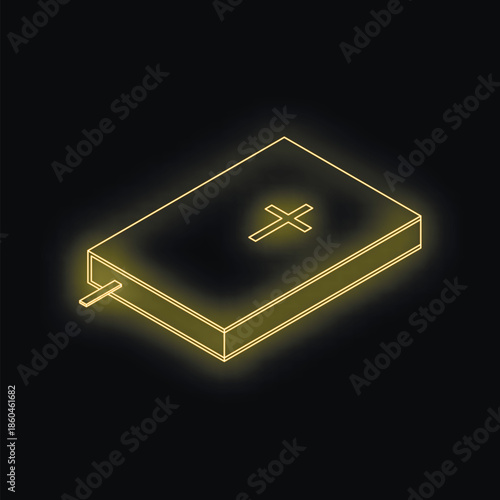 Golden glowing bible with cross and bookmark on dark background representing faith, religion, and spirituality