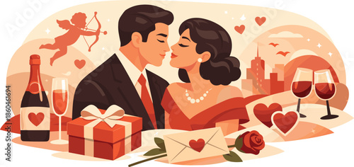 Retro Valentine Elegance. Timeless Valentine romance suggested through vintage color harmony and form, modern flat vector