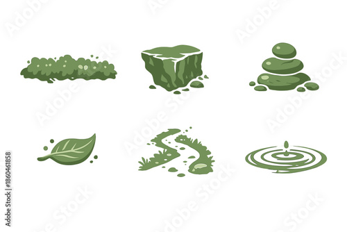 Serene Grounding Icons. Solid style icons of Serene Grounding: moss line, cliff edge, stone dot, gentle trail, floating leaf, soft