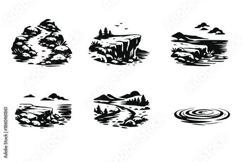 Serene Landscape Icons. Solid style icons of Serene Landscapes: moss trail, cliff point, stone edge, gentle curve, floating leaf,