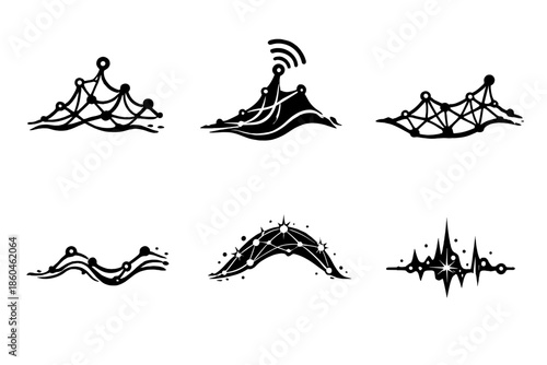 Network Terrain Icons. Solid style icons of Networked Terrain: map root, signal bend, node thread, flowing line, luminous arc,