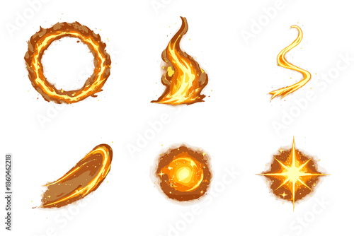 Fragile Fire Icons. Solid style icons of Fragile Fire: dust frame, flare veil, luminous thread, flowing arc, soft pulse, radiant