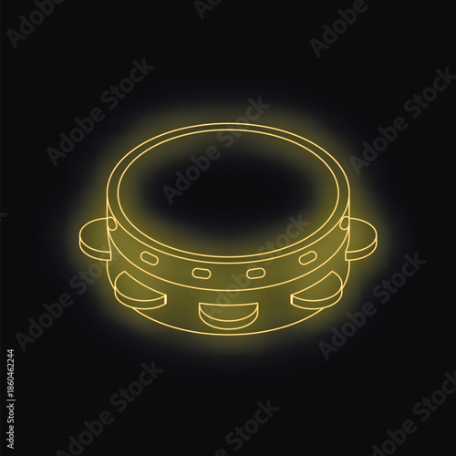 Neon tambourine shining on black background, representing music, rhythm, and cultural traditions