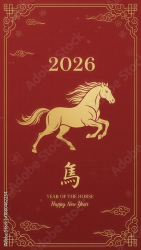 Wallpaper Mural Elegant Red Background with Golden Horse Design Celebrating Lunar New Year 2026 Torontodigital.ca