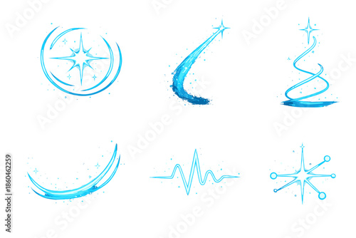 Radiant Reflection Icons. Solid style icons of Radiant Reflection: echo flare, ash curve, glowing thread, soft arc, flowing pulse,