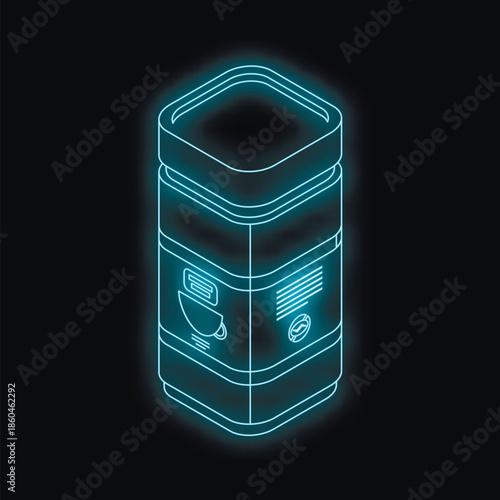 Glowing isometric coffee tin packaging with label on dark background