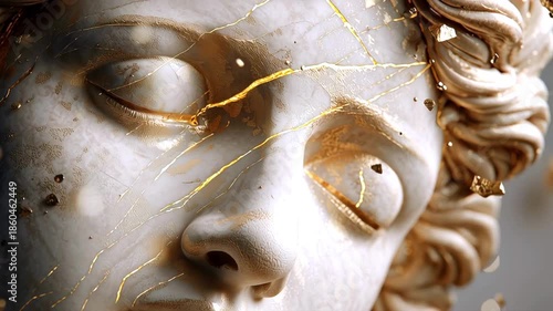 Gilded particles descending, covering weathered Greek sculpture face with closed eyes and golden veins, resting against dark monochrome backdrop