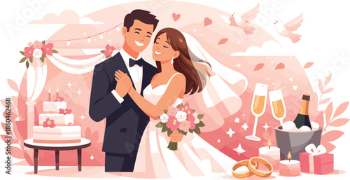 Modern Wedding Vibes. Clean modern wedding illustration capturing joy, commitment, and romantic celebration, modern flat vector