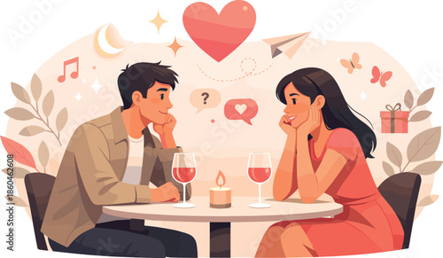 First Date Vibes. Clean modern illustration symbolizing a first date through curiosity, excitement, and emotional openness, modern