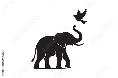 An elephant with a raised trunk and a bird flying above it