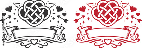 Celtic Knot Heart Love Emblem with Ribbon Banner, Eternal Relationship Symbol