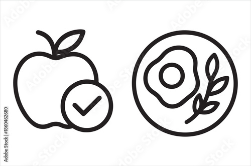Simple line drawing of an apple a checkmark and a fried egg on a plate