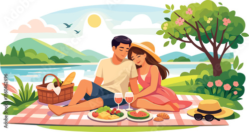 Modern Picnic Date. Clean modern illustration conveying picnic date vibes through nature, closeness, and relaxed joy, modern flat