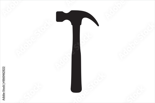 A simple black silhouette of a classic claw hammer on a white background