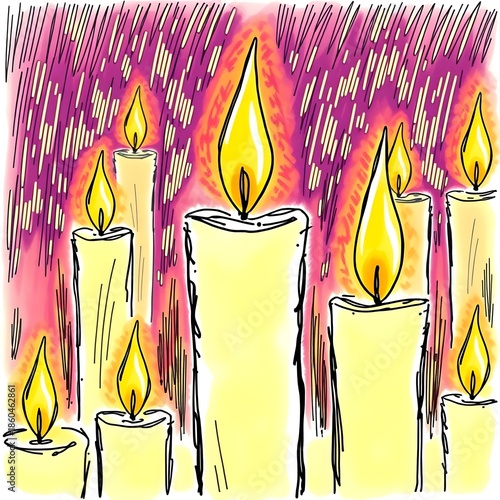 A stylized illustration of multiple lit candles with glowing flames, representing warmth, hope, spirituality, remembrance, celebration, and peaceful atmosphere.