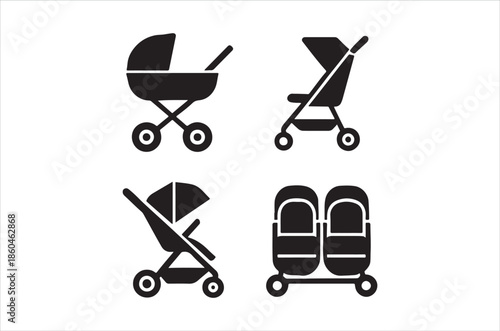 Simple black and white icons depicting baby strollers and related items