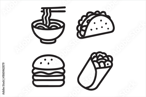 A collection of popular fast foods ramen taco burger and wrap