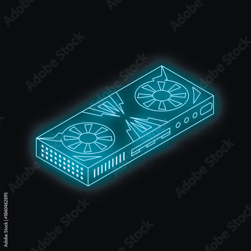 Neon blue graphic card glowing on black background, symbolizing powerful computing and gaming performance