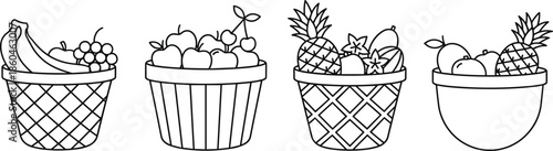 Outline Vector Icon Set Featuring Woven Baskets and Bowls Filled with Assorted Tropical and Orchard Fruits for Groceries