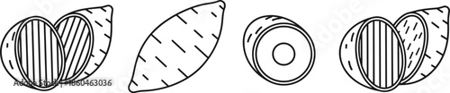 Outline Vector Icon Set Featuring Whole and Halved Sweet Potatoes with Textured Skin for Grocery Retail and Cooking
