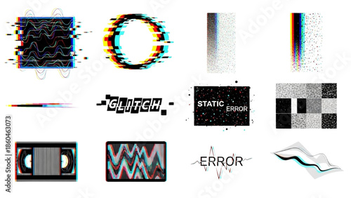 Abstract Digital Glitch Art Elements Collection Modern Tech Distortion Effects and Retro Error Graphics