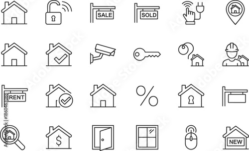 Outline Vector Icon Set Featuring Residential Houses for Sale Rent and New Listings with Security and Smart Technology