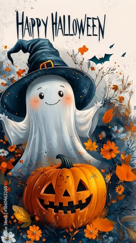 Cheerful halloween ghost with pumpkin and witch hat amidst autumn flowers