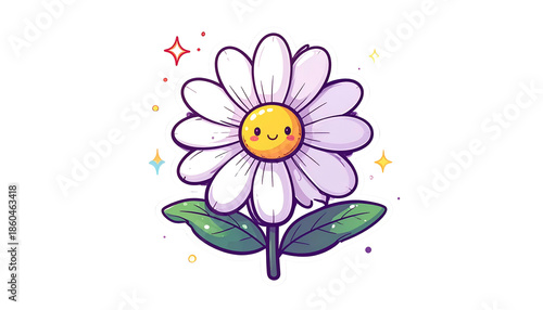 Cute cartoon daisy with white petals, yellow center, and green leaves on black