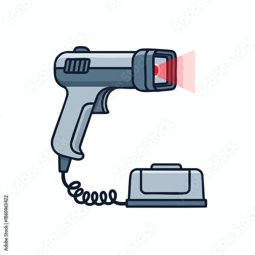 A gray hand scanner device emits a red beam, connected to a base via a coiled wire