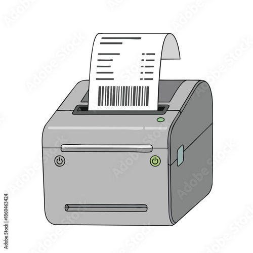 A gray receipt printer ejects a printed receipt. Power buttons and a window are visible